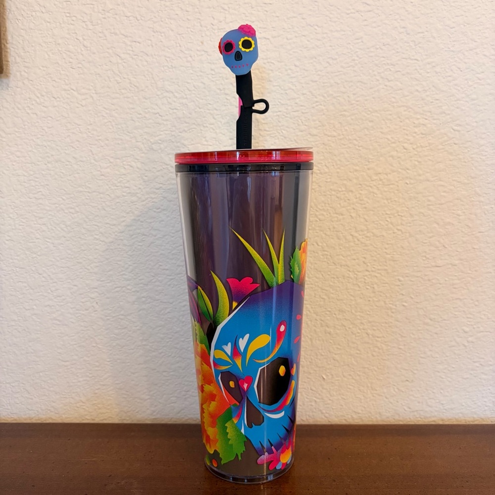 Starbucks Dia De Muertos Colorful Skull Tumbler with Skull Straw Topper NWT
